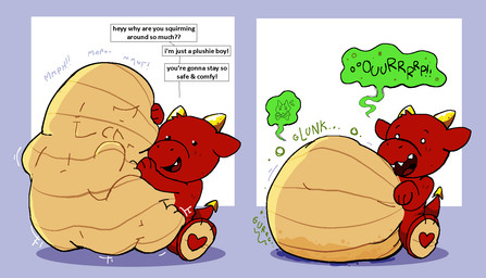 anthro anthro_pred before_and_after belly big_belly body_outline burping death dialogue digestion digestion_noises duo fatal_vore feet fur glunk_(sound_effect) hand_on_belly heart_symbol hindpaw horn huge_belly male male_pred muffled open_mouth paws plushie plushie_pred red_body red_fur rumbling_stomach simple_background size_difference skull_and_crossbones smaller_pred smoothening_bulge_digestion speech_bubble tail talking_to_prey teeth unseen_prey unwilling_prey vore yellow_horn pawplants mythology animate_inanimate dragon living_plushie mythological_creature mythological_scalie scalie 2025 digital_media_(artwork) hi_res pictographics