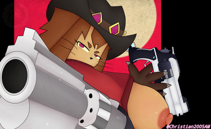 anthro breasts brown_body brown_fur brown_hair exposed_breasts female fur gun hair looking_at_viewer nipples ranged_weapon red_eyes solo weapon christian2005am blizzard_entertainment gameoverse glitch_productions overwatch kit_bodega domestic_cat felid feline felis mammal absurd_res hi_res