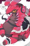 ambiguous_gender bed belly blush bodily_fluids clothing feral furniture heart_symbol looking_at_viewer lying maid_uniform on_bed solo sweat sweatdrop uniform yellow_eyes waniharu nintendo pokemon arthropod generation_5_pokemon myriapod pokemon_(species) scolipede 2019 digital_media_(artwork)