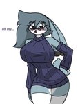 anthro armwear big_breasts blush breasts clothing detached_sleeves eyewear female glasses legwear looking_at_viewer small_waist solo sweater talking_to_viewer thick_thighs thigh_highs topwear virgin_killer_sweater wide_hips pace-maker disney meme_clothing zootopia violet_hopps lagomorph leporid mammal rabbit meme