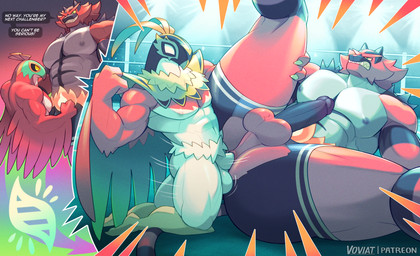 abs anal anal_penetration anthro balls barazoku biceps big_muscles big_penis bottomwear butt clothed clothing competition detailed_background dialogue duo erection feathers flexing flexing_bicep genitals glans humanoid_genitalia humanoid_penis instant_karma larger_penetrated larger_sub long_penis male male/male male_penetrated male_penetrating male_penetrating_male manly muscular muscular_anthro muscular_male nipples nude pecs penetration penile penile_penetration penis penis_in_ass red_body sex sexual_competition sexual_fight size_difference small_top small_top_big_bottom smile submissive tail teeth text thrusting torn_clothing yellow_eyes voviat instant_loss_2koma nintendo pokemon pokemon_legends_z-a avian felid feline generation_6_pokemon generation_7_pokemon generation_9_pokemon hawlucha incineroar mammal mega_evolution mega_hawlucha pokemon_(species) comic digital_media_(artwork) english_text hi_res