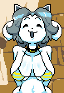 anthro big_breasts biped bottomless breasts brick brick_wall butt butt_from_the_front clothed clothing collar eyebrows female grey_hair hair hands_behind_back open_:3 open_mouth open_smile raised_eyebrows smile solo striped_bikini_top wall_(structure) bav undertale undertale_(series) temmie_(undertale) canid canine felid feline mammal tem 2025 digital_media_(artwork) english_description pixel_(artwork) shaded