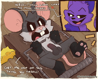 angry anthro balls cheese dairy_products duo feet food foreskin genitals male male/male mouse_trap penis text toes trap_(contrivance) notsafeforwanking mob_entertainment nightmare_critters poppy_playtime smiling_critters catnap_(poppy_playtime) touille_(poppy_playtime) critters_(poppy_playtime) absurd_res english_text hi_res