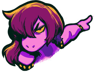 anthro armband clothing female gesture hair hair_over_eye hand_gesture looking_at_viewer pink_body pointing purple_clothing purple_hair purple_topwear simple_background solo studded_armband studs topwear white_background yellow_sclera modeseven deltarune undertale_(series) susie_(deltarune) scalie bust_portrait low_res portrait