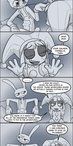 annoyed anthro clothed clothing dialogue duo eyes_closed female fool's_hat frustrated furniture hat headgear headwear jester male overalls sitting smile sofa speech_bubble text absolutedream glitch_productions the_amazing_digital_circus jax_(tadc) pomni_(tadc) human lagomorph leporid mammal rabbit absurd_res comic comic_sans english_text greyscale hi_res long_image monochrome tall_image