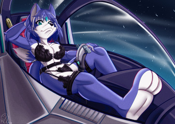 3_toes anthro arwing barefoot black_clothing black_lingerie blue_body blue_fur breasts cleavage clothed clothing cockpit countershade_feet countershading feet female fur green_eyes hand_behind_head lingerie looking_at_viewer paws plantigrade sitting soles solo space spacecraft tail toes vehicle white_body white_fur rodolfoslime nintendo star_fox krystal_(star_fox) canid canine fox mammal absurd_res hi_res