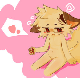 4_fingers ambiguous_gender brown_ears featureless_crotch fingers fur gesture heart_symbol nude red_eyes shaopi shaopi(tuboshu) solo speech_bubble tan_body tan_fur waving canid humanoid mammal absurd_res hi_res