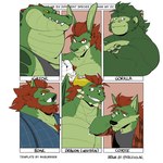 anthro bandage beard brown_hair clothed clothing crossed_arms facial_hair flannel_shirt fur green_body green_fur group hair horn male muscular muscular_anthro muscular_male shirt topless topwear racesolar european_mythology mythology alligator alligatorid ape canid canine canis coyote crocodilian dragon gorilla haplorhine kangaroo macropod mammal marsupial mythological_creature mythological_scalie primate reptile scalie suid suine sus_(pig) western_dragon wild_boar hi_res