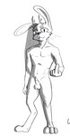 animal_genitalia anthro antlers balls beckoning belly big_ears fur genitals gesture half-erect horn looking_at_viewer male nude penis sheath solo tapering_penis whiskers wintersink deer hybrid jackalope lagomorph leporid mammal rabbit black_and_white hi_res monochrome