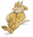 5_toes anthro areola barefoot big_breasts breasts clothed clothing feet female foot_focus fur hindpaw humanoid_feet nipples panties paws plantigrade potbelly sagging_breasts simple_background slightly_chubby slightly_chubby_female soles solo spread_toes thick_thighs toes topless underwear white_background wide_hips yellow_body yellow_fur jinash frank_westerveldt kangaroo macropod mammal marsupial hi_res