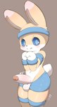 anthro balls blue_bottomwear blue_clothing blue_eyes blue_pupils blush bottomwear clothed clothing eyebrows foreskin fur genitals glans humanoid_genitalia humanoid_penis looking_at_viewer male navel partially_retracted_foreskin penis pupils smile young young_anthro young_male fisuku kemopop! lagomorph leporid mammal rabbit absurd_res hi_res signature