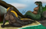 anthro beak big_breasts big_butt breasts butt claws cloud duo female finger_claws green_body green_eyes grey_body huge_breasts huge_butt markings navel nipples orange_markings plant red_eyes sail_(anatomy) shore slightly_chubby slightly_chubby_female tree tusks lindwormduality edaphosaurid edaphosaurus eupelycosaur humanoid prehistoric_species synapsid therapsid absurd_res hi_res