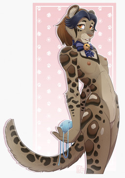 anthro ball_of_yarn bell bell_collar bow_collar bow_ribbon breasts collar featureless_crotch female fur hair looking_at_viewer multicolored_hair nipples nude simple_background small_breasts smile solo standing tail two_tone_hair yarn conditional_dnp loupgarou felid feline felis hybrid leopard lynx mammal pantherine hi_res