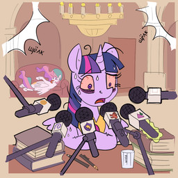 bodily_fluids book chandelier electronics eye_bags female feral horn microphone nervous solo sweat sweatdrop wings gor1ck friendship_is_magic hasbro my_little_pony mythology princess_celestia_(mlp) twilight_sparkle_(mlp) equid equine mammal mythological_creature mythological_equine winged_unicorn 1:1