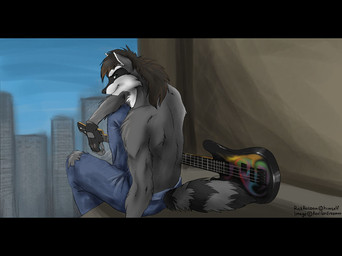 anthro bass_guitar biped black_bars bottomwear city clothed clothing denim denim_bottomwear denim_clothing fluffy fluffy_tail fur gloves green_eyes grey_body grey_fur guitar hair handwear jeans looking_at_viewer looking_back looking_back_at_viewer male markings musical_instrument pants plucked_string_instrument ring_(marking) ringed_tail sitting smile solo string_instrument striped_markings striped_tail stripes tail tail_markings text topless torn_clothing koul mammal procyonid raccoon english_text letterbox