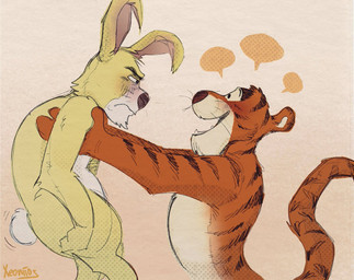 anthro black_body black_fur blush duo eye_contact fur lifting_partner looking_at_another male male/male orange_body orange_fur size_difference smile speech_bubble striped_body striped_fur stripes tail tail_motion tan_body tan_fur white_body white_fur xeoniios disney winnie_the_pooh_(franchise) rabbit_(winnie_the_pooh) tigger felid lagomorph leporid mammal pantherine rabbit tiger 2026 digital_media_(artwork)