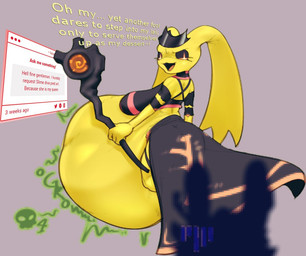 abdominal_bulge ambiguous_gender ambiguous_prey anthro belly belly_hang big_belly black_sclera breasts clothed clothing crown digestion_noises duo eyelashes fatal_vore female floppy_ears green_body headgear holding_object holding_staff huge_belly hyper hyper_belly imminent_vore looking_at_another looking_back multiple_prey onomatopoeia overweight overweight_female prey_count rear_view side_boob smile sound_effects staff text vore weapon yellow_eyes kaizoart atlyss slime_diva goo_creature lagomorph mammal poon_(atlyss) slime_(atlyss) 2025 digital_drawing_(artwork) digital_media_(artwork) english_text