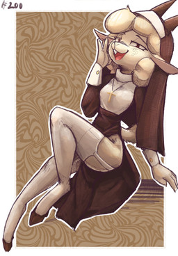 anthro clothed clothing cloven_hooves cross cross_necklace female fully_clothed fur garter_straps hair hooves horn jewelry legwear lingerie looking_at_viewer necklace nun nun_habit nun_outfit religious_clothing solo stockings white_body white_fur white_hair c3ilin bovid caprine domestic_sheep mammal sheep hi_res sketch
