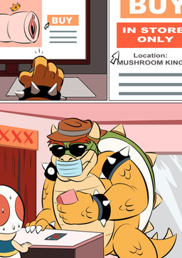 anthro armband bodily_fluids bowser_logo bracelet clothing collar computer_mouse credit_card crown duo electronics eyewear hat headgear headwear humor jewelry male mask monitor online_shopping penetrable_sex_toy sex_show sex_toy spiked_armband spiked_bracelet spiked_collar spikes sunglasses sweat sweatdrop text xxx glassfish mario_bros nintendo bowser dragon_koopa humanoid koopa red_toad reptile scalie toad_(mario) turtle 2024 absurd_res comic digital_drawing_(artwork) digital_media_(artwork) english_text hi_res
