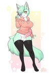 anthro balls breasts clothing genitals gesture gynomorph hand_gesture hoodie intersex legwear mint_hair penile_spines penis pink_clothing pink_hoodie pink_topwear pixie_cut simple_background solo thigh_highs topwear v_sign toxicmilkyx minty_(d4c_mintytea) canid canine fox mammal digital_media_(artwork) hi_res