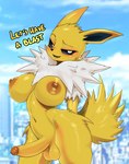 anthro anthrofied areola ashraely balls big_breasts blush bodily_fluids breasts canid canine digital_media_(artwork) eeveelution english_text erection fur generation_1_pokemon genitals glistening glistening_body gynomorph hi_res humanoid_genitalia humanoid_penis intersex jolteon looking_at_viewer mammal nintendo nipples nude nude_anthro nude_gynomorph nude_intersex open_mouth outdoor_nudity outside penis pokemon pokemon_(species) pokemorph simple_background smile smug solo text thick_thighs third-party_edit white_body white_fur wide_hips yellow_areola yellow_body yellow_fur yellow_nipples