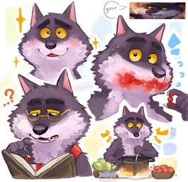 4_fingers anthro berry blush bodily_fluids book claws cookbook cooking cooking_pot cute_fangs eating eating_food emanata eyebrows eyewear fangs fingers fire food food_stains fruit fur fuzzy glasses grey_body grey_fur half-closed_eyes happy holding_book holding_food holding_object looking_at_viewer male messy_eater multicolored_body multicolored_fur narrowed_eyes nervous nervous_sweat open_mouth plant pointy_ears prick_ears question_mark reading reading_book screencap simple_background smile solo sparkles stain stirring sweat teeth underbelly vegetable wearing_glasses white_background yellow_eyes fungiteh intermarche_unloved albert_(intermache_unloved) the_first_wolf_(unloved) canid canine canis mammal wolf absurd_res hi_res multiple_images