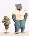 2022 anthro belly black_nose blush bottomwear bovid bovine brown_body canid canine canis cattle clothing domestic_dog duo hi_res kemono male mammal overweight overweight_male pommn_mn running shirt shorts size_difference topwear walking young young_anthro young_male