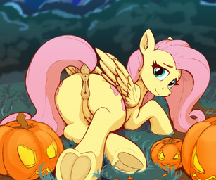 animal_genitalia anus butt equine_anus equine_genitalia eyelashes female feral genitals hair hooves jack-o'-lantern looking_at_viewer looking_back mouth_closed outside pink_hair puffy_anus pupils quadruped smile solo tail thick_thighs three-quarter_view vulva wings yellow_body rnghat friendship_is_magic hasbro my_little_pony fluttershy_(mlp) equid equine mammal 6:5 absurd_res hi_res