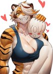 abs anthro big_breasts black_stripes blush breast_squish breasts brown_body brown_fur claws duo eyelashes faceless_character faceless_human faceless_male female female_focus fur glistening glistening_body glistening_breasts grin hair hair_over_eye hearts_around_head hug looking_at_viewer male male/female muscular muscular_anthro muscular_female pink_nose pupils sharp_teeth slit_pupils smile squish stripes teeth white_body white_fur white_hair yellow_eyes nonoka917 anon felid human mammal pantherine tiger artist_name hi_res