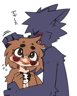 anthro arm_tuft beak biped black_body blush brown_body brown_feathers cheek_spots cheek_tuft closed_smile duo egg elbow_tuft emanata eyes_closed facial_tuft fangs feather_tuft feathers female front_view fur fur_tuft grey_body grey_fur headpat hug hut looking_at_another looking_at_partner male mouth_closed nude nude_anthro nude_female nude_male open_mouth open_smile shoulder_tuft simple_background slim slim_anthro slim_female slim_male smile sweat_emanata teeth text tuft white_background pizademokttero lisbelle_(doneru) nifram_logan avian canid canine canis mammal wolf 2025 4:5 absurd_res digital_drawing_(artwork) digital_media_(artwork) hi_res japanese_text
