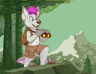 anthro backpack binoculars black_nose blue_eyes bottomwear brown_bottomwear brown_clothing brown_shorts clothed clothing dipstick_ears ear_markings fur glistening glistening_eyes grey_body grey_fur hair inner_ear_fluff logo male mountain multicolored_ears navel open_mouth open_smile outside plant purple_hair shorts smile solo standing topless tree tuft white_body white_fur white_inner_ear_fluff young young_anthro young_male pandapaco canid canine mammal artist_logo signature