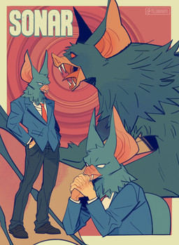 5_fingers biped black_body black_fur clothed clothing fingers for_a_head fur humanoid_hands male red_eyes solo standing tan_body tan_skin white_eyes melonabarr dispatch sonar_(dispatch) animal_head animal_humanoid bat humanoid mammal hi_res