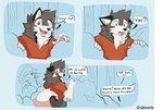 anthro blood blush bodily_fluids dialogue male nosebleed plant shocked shrub simple_background solo text tree auveiss canid canine canis domestic_dog husky mammal nordic_sled_dog spitz comic english_text hi_res signature