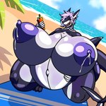 anthro beach belly big_belly big_breasts big_butt bodily_fluids breasts butt curvy_figure female hair huge_belly huge_breasts huge_butt hyper lactating milk pregnant purple_body purple_eyes purple_hair solo sunscreen thick_thighs venus_figure voluptuous jiqqy fish marine shark 1:1 absurd_res hi_res