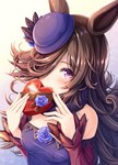 breasts brown_hair clothed clothing female gift hair hair_over_eye hat headgear headwear holding_object looking_at_viewer one_eye_obstructed purple_eyes solo akasiosio cygames uma_musume_pretty_derby rice_shower_(pretty_derby) animal_humanoid equid equid_humanoid equine equine_humanoid horse_humanoid humanoid mammal mammal_humanoid 2023 hi_res