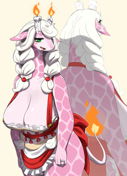 anthro big_breasts blush breast_squeeze breasts cleavage clothed clothing female hair horn huge_breasts natural_breasts overflowing_breasts simple_background smile squeezing tail thick_thighs darakafox giraffe giraffid mammal hi_res