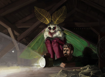 ambiguous_gender antennae_(anatomy) attic compound_eyes duo exoskeleton female flashlight hair mouthless not_furry_focus pink_body short_hair tan_body tan_skin white_body wings zarzaliel arthropod human humanoid insect lepidopteran mammal moth hi_res