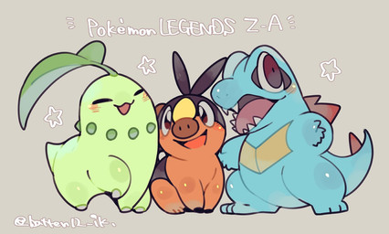 ambiguous_gender anthro blue_body blush blush_lines brown_eyes eyes_closed fangs feral green_body group leaf_(anatomy) open_mouth orange_body plant purple_eyes simple_background sitting star star_symbol tail teeth tongue trio batten12 nintendo pokemon pokemon_legends_z-a chikorita crocodilian elemental_creature flora_fauna generation_2_pokemon generation_5_pokemon mammal pokemon_(species) reptile scalie suine tepig totodile 2025 signature