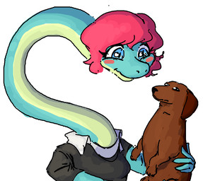 5_fingers anthro brown_body brown_fur clothing collared_shirt duo eyelashes female feral fingers floppy_ears fur green_body green_scales hair long_ears long_neck multicolored_body multicolored_scales pink_hair rosy_cheeks scales shirt short_hair simple_background smile snout teal_eyes topwear turquoise_body turquoise_scales two_tone_body two_tone_scales white_background faustanon cavemanon_studios i_wani_hug_that_gator liz_farlane brachiosaurid brachiosaurus canid canine canis dachshund dinosaur domestic_dog hunting_dog macronarian mammal prehistoric_species reptile saurischian sauropod sauropodomorph scalie 2024 digital_drawing_(artwork) digital_media_(artwork)