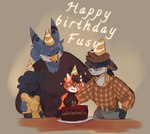 anthro birthday birthday_cake birthday_candle birthday_party cake celebrating celebration clothing dessert food group hat headgear headwear party party_hat sonofan ailurid avian felid feline mammal red_panda 2023 absurd_res digital_media_(artwork) hi_res