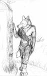 anthro biped collar garden looking_at_viewer male outside sash smile solo walking vellum tuuwa canid canine canis coyote mammal absurd_res hi_res monochrome sketch