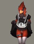 accessory anthro black_bow bottomwear bow_accessory bow_ribbon chastity_cage chastity_device chest_tuft clothed clothing clothing_lift crossdressing dress dress_lift feathers garter grey_background half-closed_eyes legwear lock looking_at_viewer maid_uniform male markings metal_chastity_cage narrowed_eyes no_underwear padlock pink_chastity_cage presenting pubes simple_background skirt skirt_lift solo stockings submissive submissive_male tuft uniform white_clothing white_legwear white_stockings mesmeristmina rory(mesmeristmina) avian bird cardinal_(bird) oscine passerine absurd_res hi_res