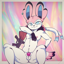 anthro balls butt butt_from_the_front chastity_cage chastity_cage_only chastity_device chastity_device_only chest_tuft ear_piercing eyebrows femboy fur genitals gun looking_at_viewer male navel nipples nude nude_anthro nude_male piercing pink_body pink_chastity_cage pink_fur raised_eyebrow ranged_weapon rifle sitting solo tuft unsupported_chastity_cage weapon wearing_chastity_cage wearing_chastity_device salamikii nintendo pokemon pallas_(cheeseuschrist) eeveelution generation_6_pokemon pokemon_(species) sylveon hi_res