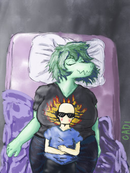 anthro anthro_on_bottom bald bed big_breasts biped bird's-eye_view black_clothing black_shirt black_topwear blue_clothing blue_shirt blue_topwear blush breast_pillow breasts canon_couple clothed clothed_anthro clothed_female clothed_human clothed_male clothing duo eyes_closed eyewear female female_on_bottom fingers furniture green_body green_hair hair high-angle_view human_on_anthro human_on_top humanoid_hands interspecies larger_anthro larger_female lying male male/female male_on_top medium_hair non-mammal_breasts on_back on_bed on_bottom on_top pillow romantic romantic_couple shirt size_difference smaller_human smaller_male sunglasses text topwear caldinie1 cavemanon_studios i_wani_hug_that_gator inco_(iwhtg) olivia_halford baryonyx dinosaur human mammal prehistoric_species reptile saurischian scalie spinosaurid theropod 2024 3:4 artist_name hi_res