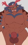 abs anthro astar balls demon erection eyebrows facial_hair genitals hi_res horn humanoid humanoid_pointy_ears lifewonders live_a_hero male muscular muscular_humanoid muscular_male mustache nanikasitarou navel nipples nude pecs penis pubes red_body solo thick_eyebrows yellow_eyes