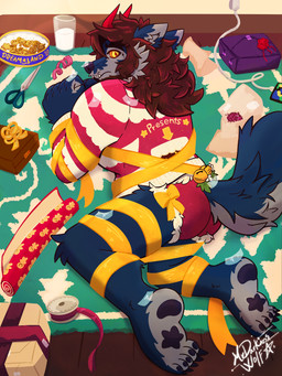 arms_tied bound box claws container cookie embarrassed embarrassed_male feet food gift gift_bow gift_box gift_wrapped hands_tied holidays lasso legs_tied male milk pawpads paws ribbons shy solo toe_claws yule mrdarknesswolf christmas mythology mrdarknesswolf_(character) canid canine canis demon hybrid mammal mythological_canine mythological_creature werecanid werecanine werecreature werewolf wolf 3:4 absurd_res hi_res