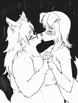 abstract_background ahoge anthro biped bite_mark blush breasts duo eyes_closed eyewear female glasses hair interlocked_fingers kissing long_hair nude white_body dogdumpster canid canine canis domestic_dog mammal hi_res