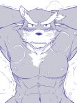 abs anthro biceps blush bodily_fluids chest_tuft fur looking_at_viewer male muscular muscular_anthro muscular_male nipples simple_background solo sweat tuft whiskers cotton_(artist) tooboe_bookmark nitobe canid canine canis domestic_dog mammal 3:4 black_and_white monochrome