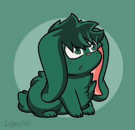 alternate_species ambiguous_feral ambiguous_gender feral feral_with_hair feralized floppy_ears fluffy freckles fur furrification green_background green_body green_eyes green_fur green_hair hair huge_ears quadruped simple_background solo text toony lopez765_(artist) my_hero_academia izuku_midoriya lagomorph leporid mammal rabbit 2025 artist_name green_theme low_res