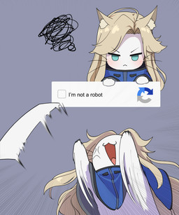 alternate_species anthro black_text blonde_hair blue_clothing blue_eyes blush blush_lines clothed clothed_anthro clothed_female clothing cross-popping_vein cute_fangs fangs female fur furrification grey_background hair hands_above_head inner_ear_fluff machine narrowed_eyes open_mouth scribbles simple_background solo teeth text throwing tuft whiskers white_body white_fur yellow_body yellow_ears yellow_fur yellow_inner_ear_fluff young young_anthro young_female j_humbo capcom captcha pragmata diana_(pragmata) android domestic_cat felid feline felis mammal robot 2026 absurd_res english_text hi_res meme